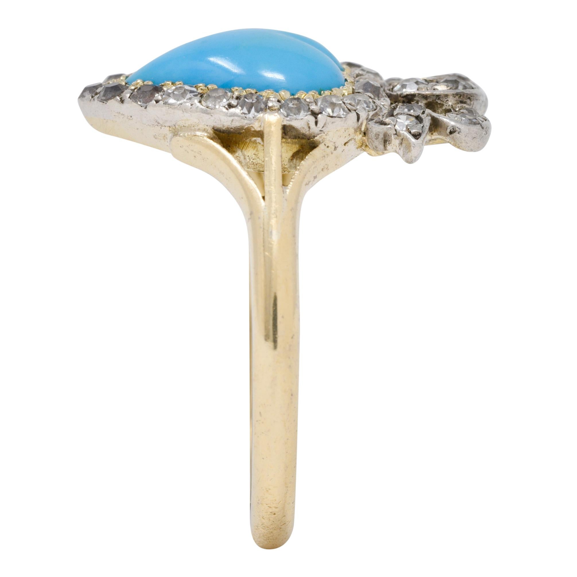 Victorian Turquoise Cabochon Diamond 18 Karat Yellow Gold Antique Heart Ring 9