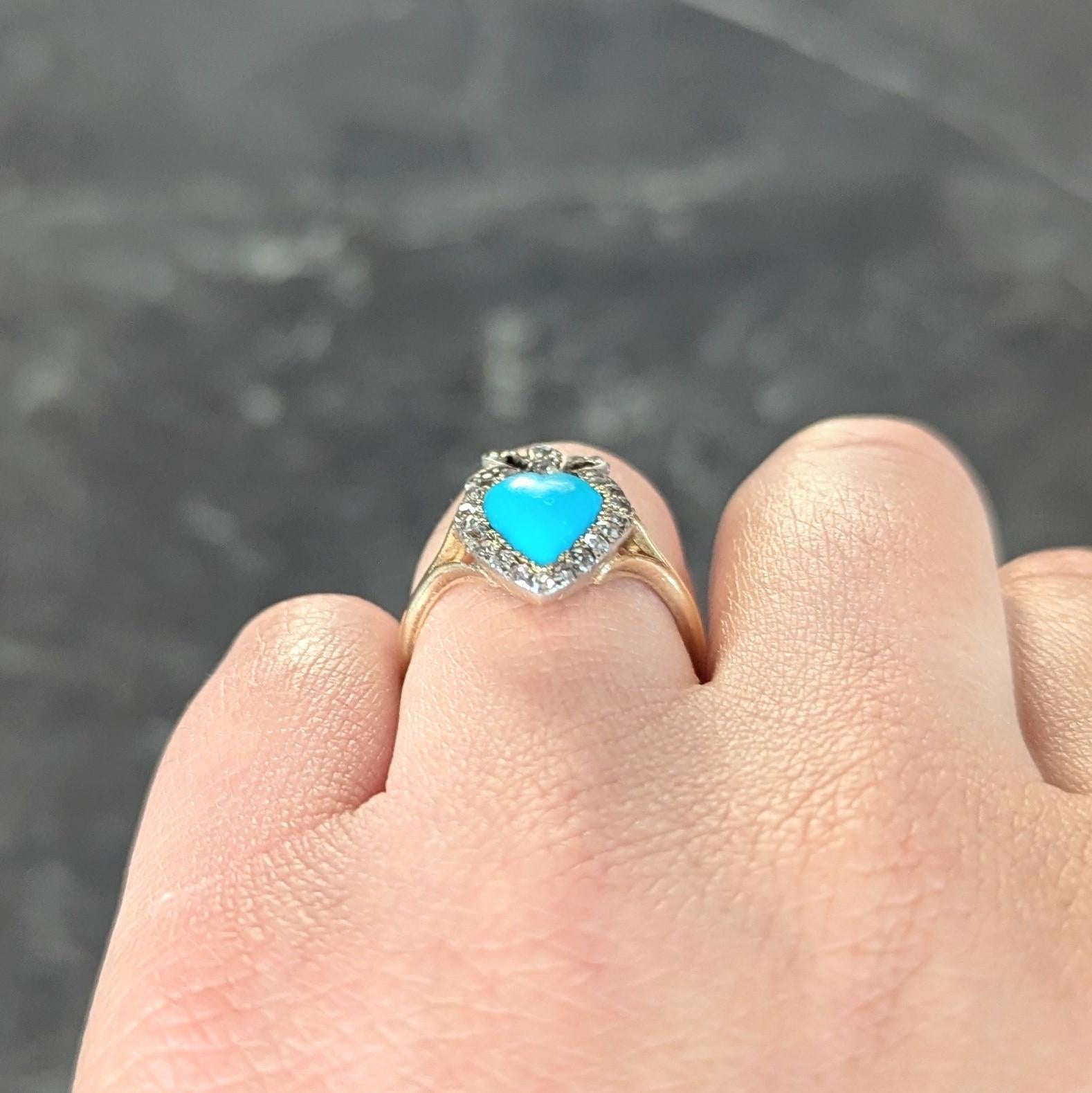 Victorian Turquoise Cabochon Diamond 18 Karat Yellow Gold Antique Heart Ring 10
