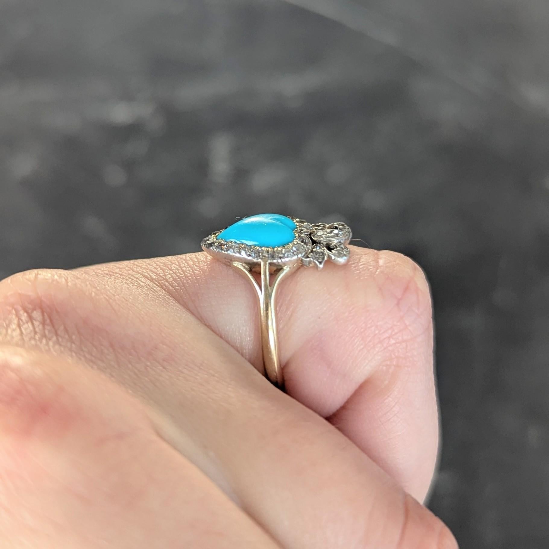 Victorian Turquoise Cabochon Diamond 18 Karat Yellow Gold Antique Heart Ring 11