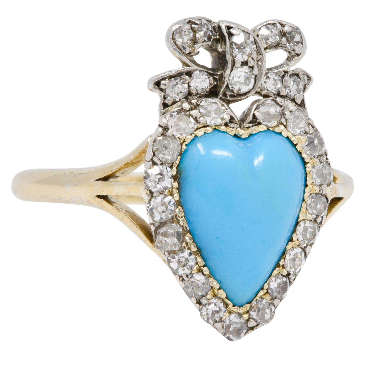 Victorian Turquoise Cabochon Diamond 18 Karat Yellow Gold Antique Heart Ring In Excellent Condition In Philadelphia, PA