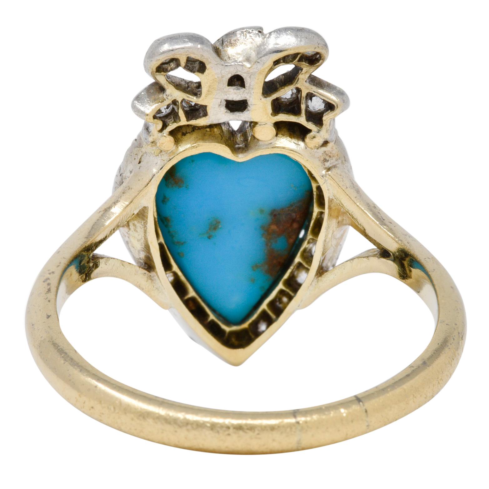 Victorian Turquoise Cabochon Diamond 18 Karat Yellow Gold Antique Heart Ring 1
