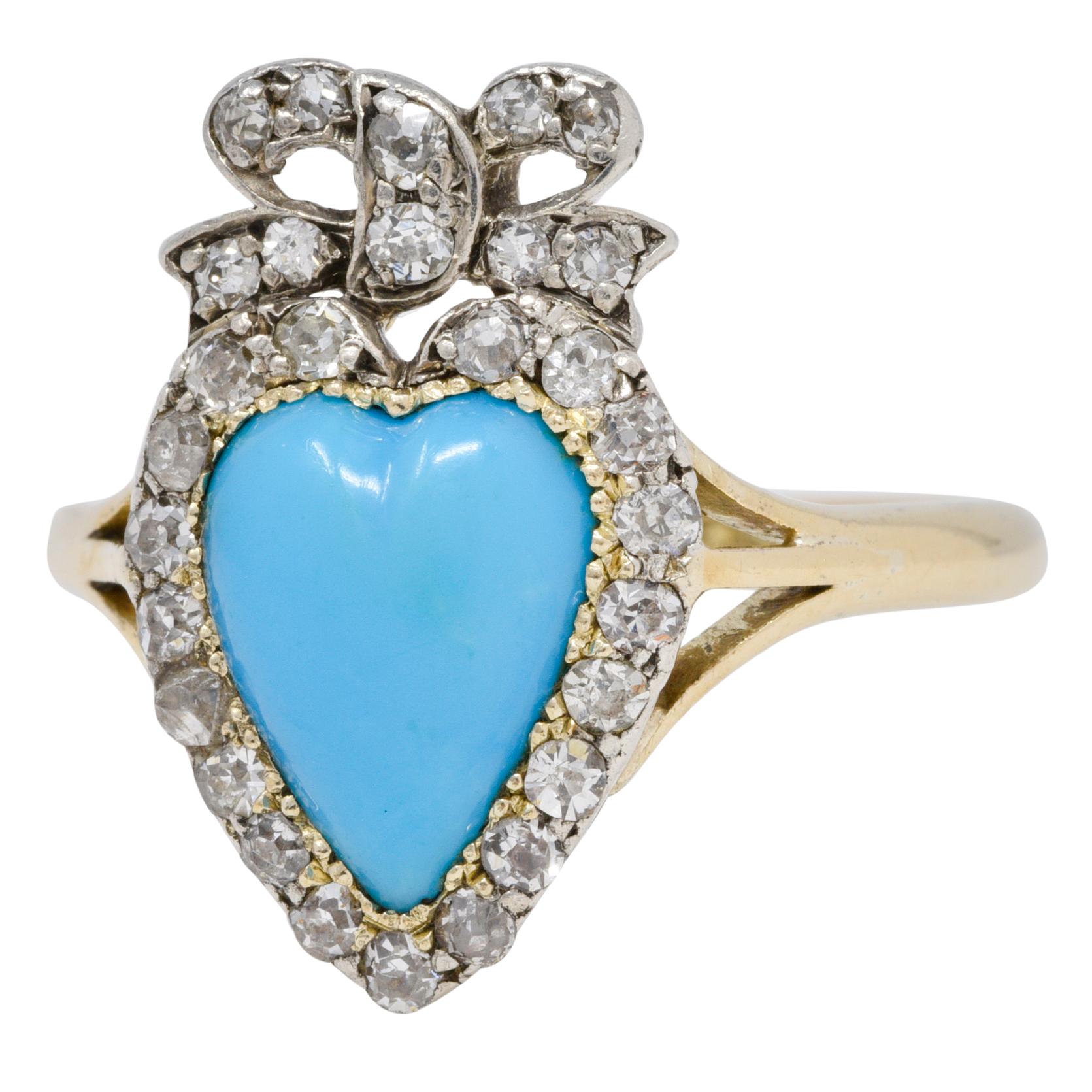Victorian Turquoise Cabochon Diamond 18 Karat Yellow Gold Antique Heart Ring 3