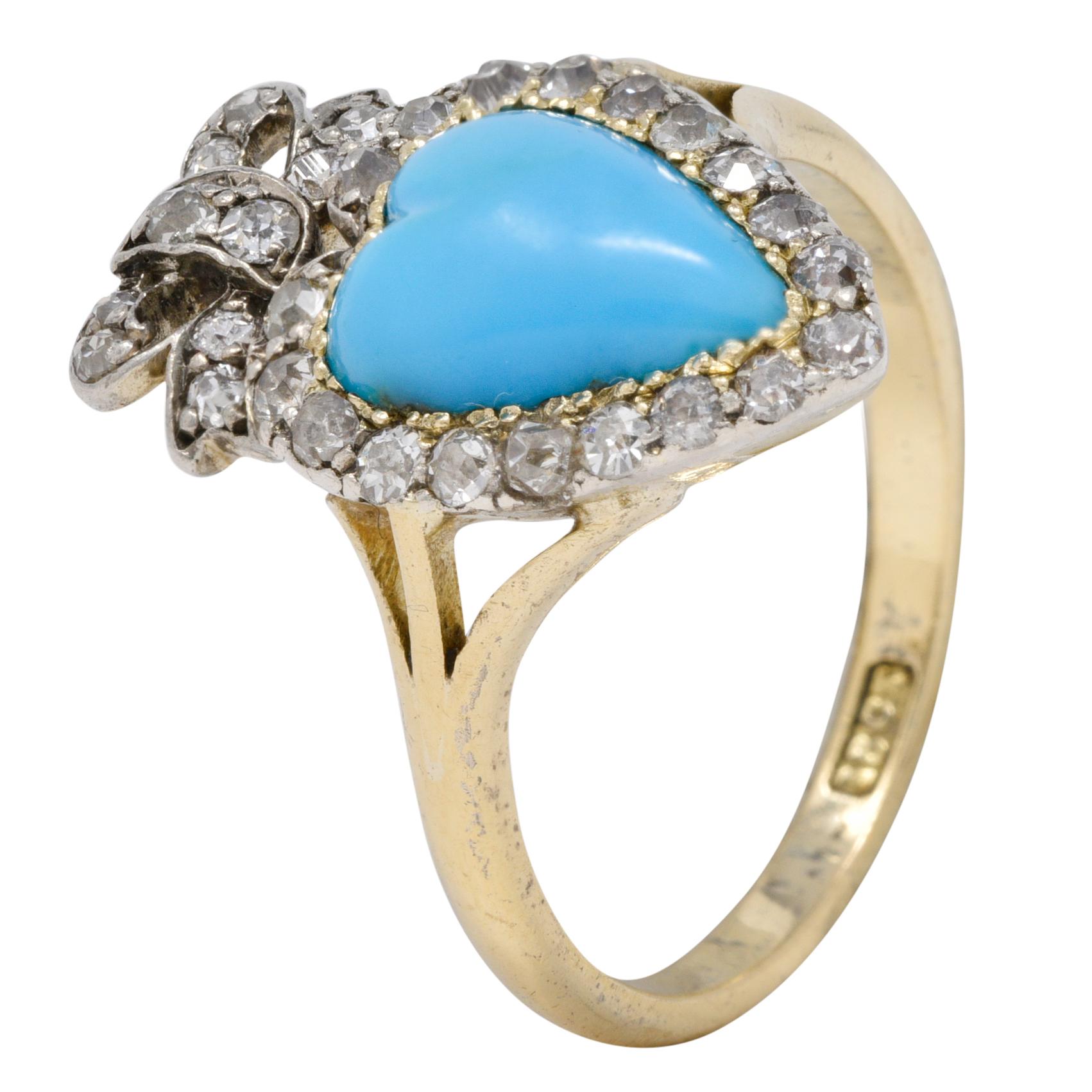 Victorian Turquoise Cabochon Diamond 18 Karat Yellow Gold Antique Heart Ring 5