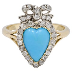 Victorian Turquoise Cabochon Diamond 18 Karat Yellow Gold Antique Heart Ring