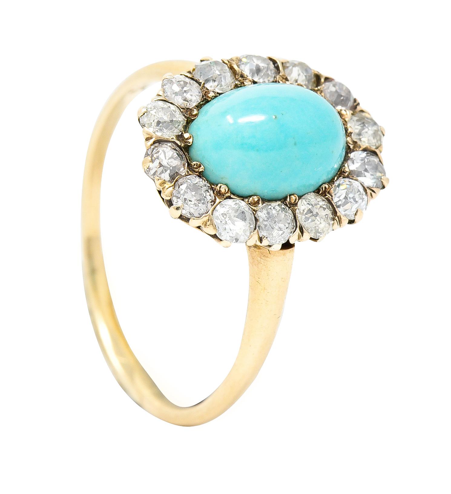 Viktorianischer Türkis-Cabochon-Diamantring aus 14 Karat Gelbgold mit alteuropäischem Minenschliff 6