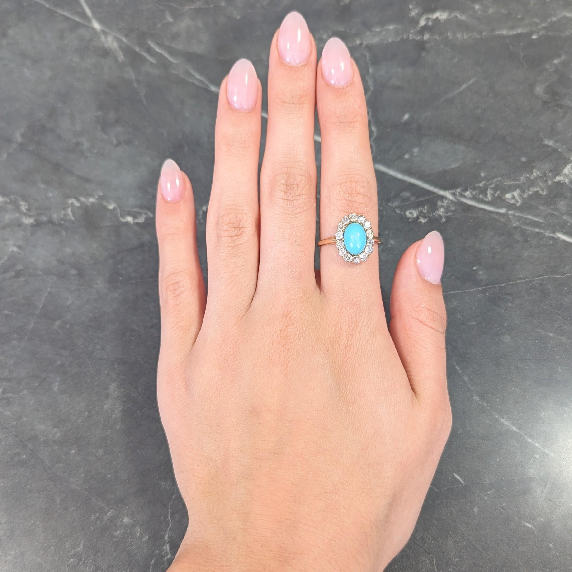 Viktorianischer Türkis-Cabochon-Diamantring aus 14 Karat Gelbgold mit alteuropäischem Minenschliff 7