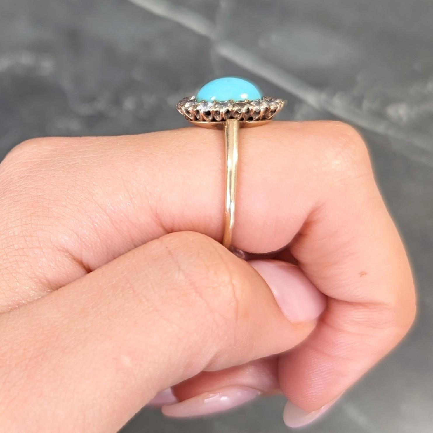Viktorianischer Türkis-Cabochon-Diamantring aus 14 Karat Gelbgold mit alteuropäischem Minenschliff 8