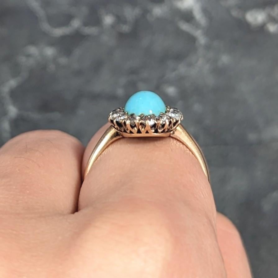 Viktorianischer Türkis-Cabochon-Diamantring aus 14 Karat Gelbgold mit alteuropäischem Minenschliff 9