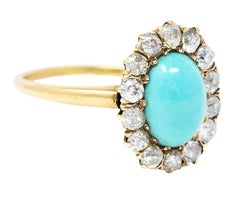 Victorian Turquoise Cabochon Old Mine Cut Diamond 14 Karat Yellow Gold Halo Ring