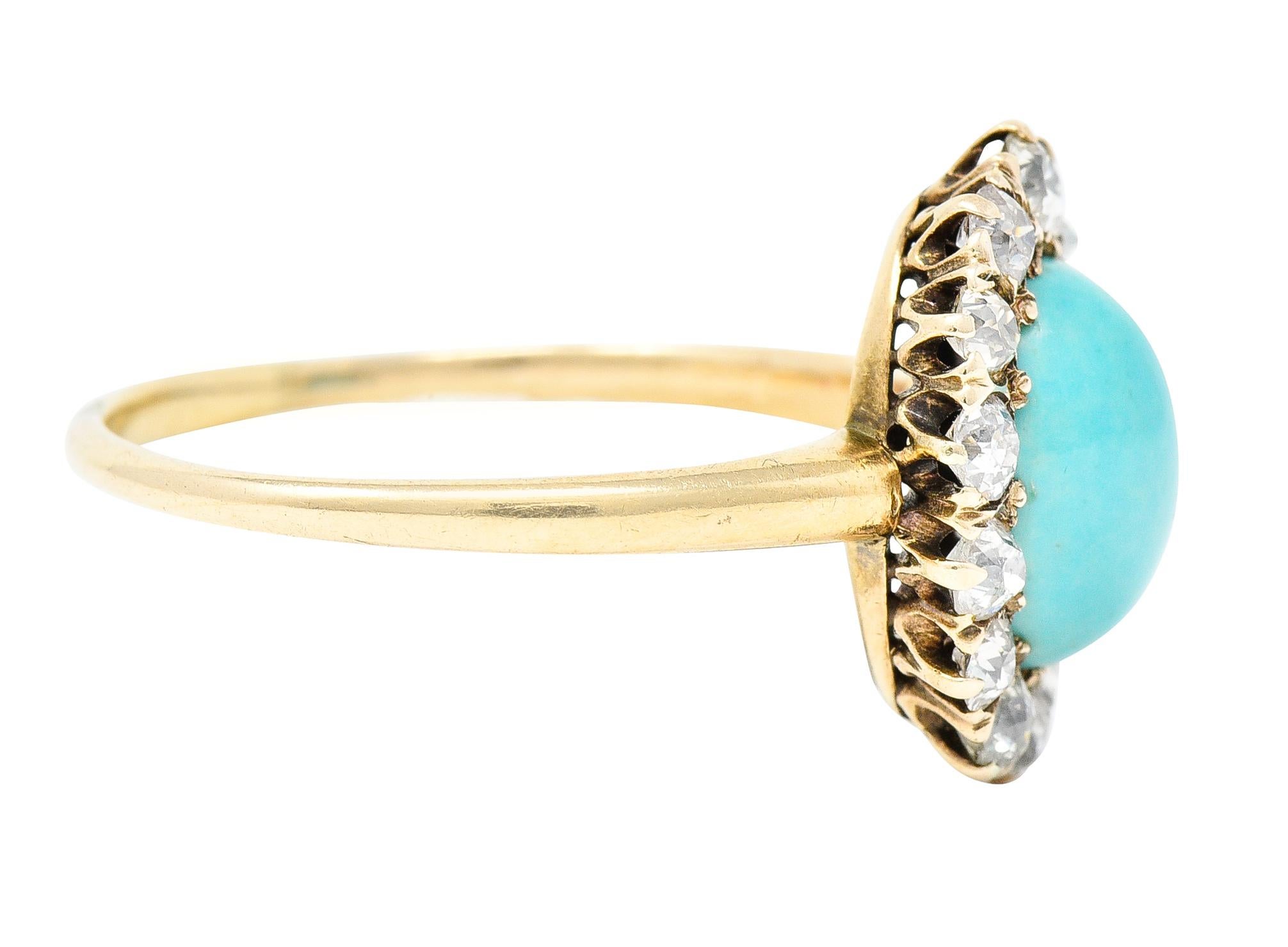 Viktorianischer Türkis-Cabochon-Diamantring aus 14 Karat Gelbgold mit alteuropäischem Minenschliff (Alteuropäischer Brillantschliff)