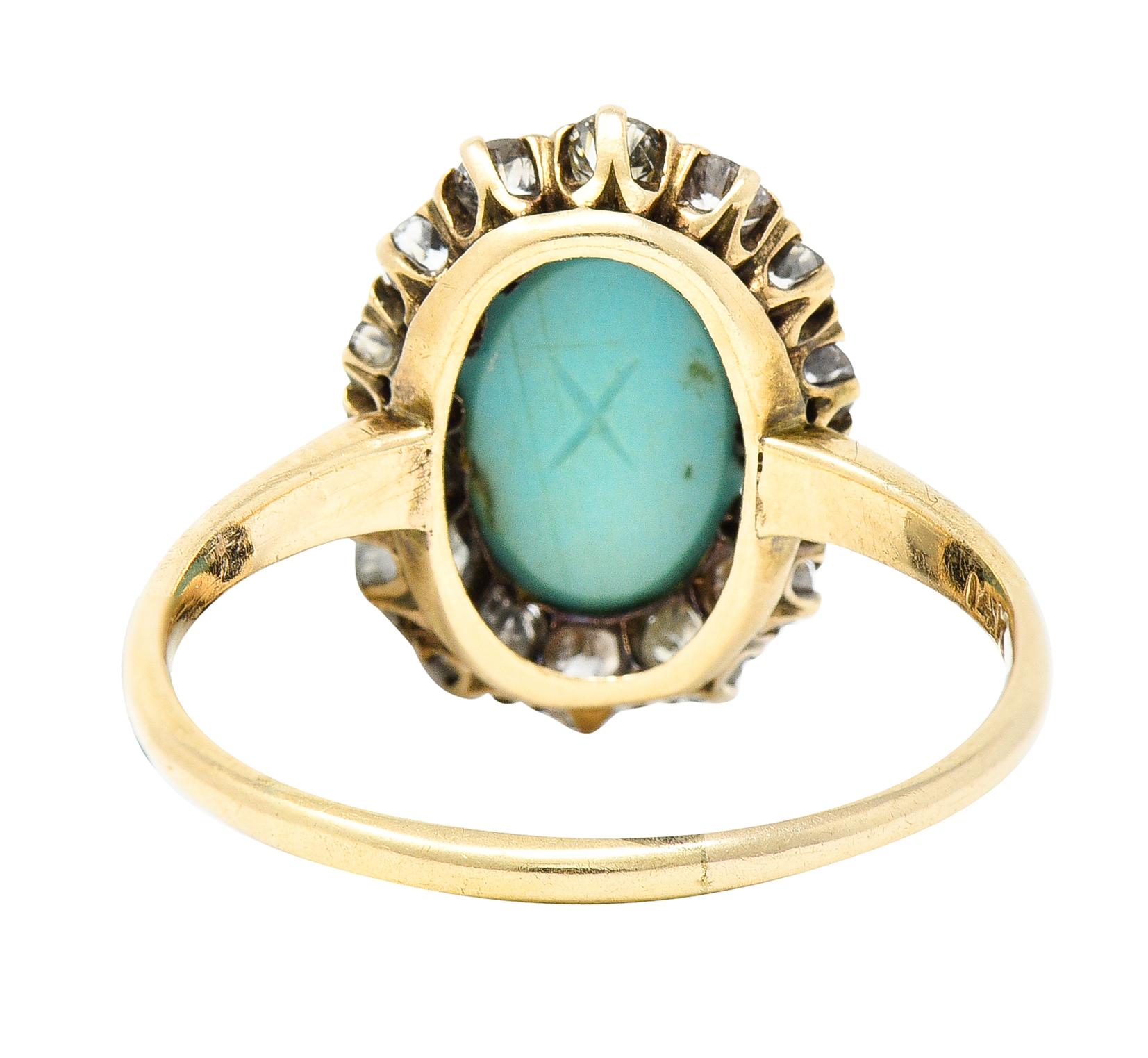 Viktorianischer Türkis-Cabochon-Diamantring aus 14 Karat Gelbgold mit alteuropäischem Minenschliff im Zustand „Hervorragend“ in Philadelphia, PA