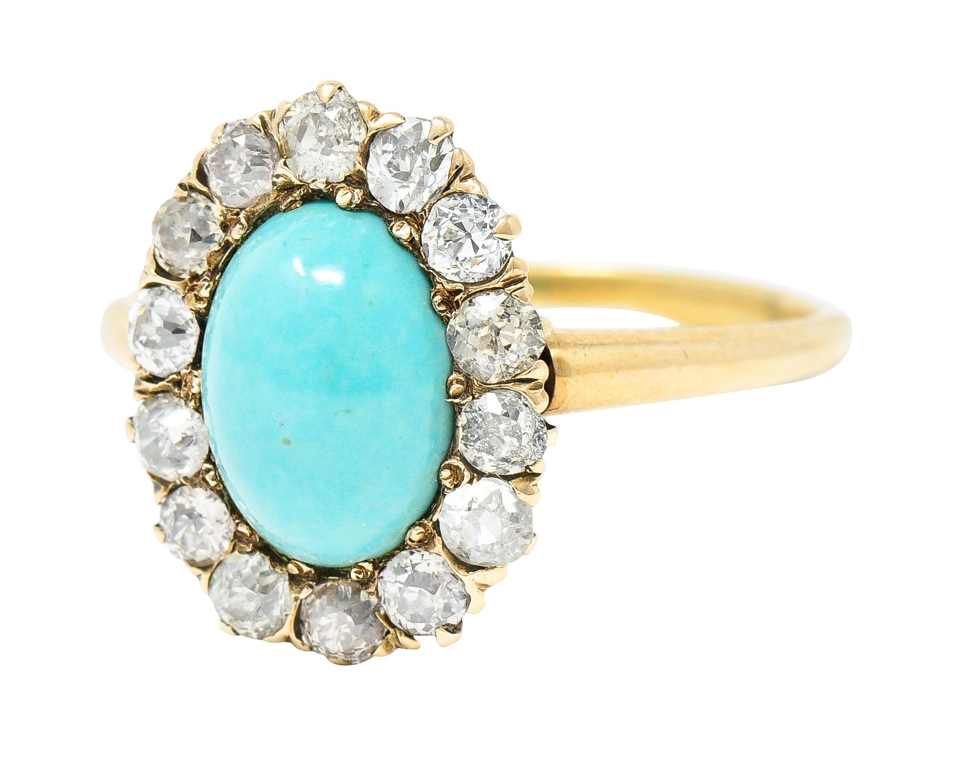 Viktorianischer Türkis-Cabochon-Diamantring aus 14 Karat Gelbgold mit alteuropäischem Minenschliff 1