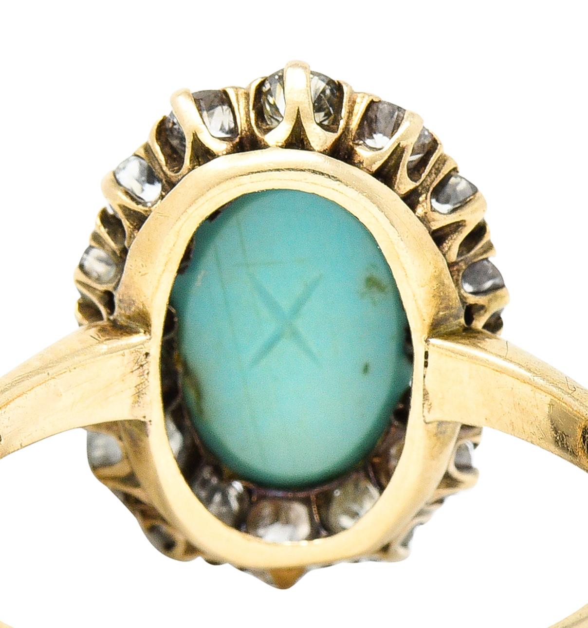 Viktorianischer Türkis-Cabochon-Diamantring aus 14 Karat Gelbgold mit alteuropäischem Minenschliff 2