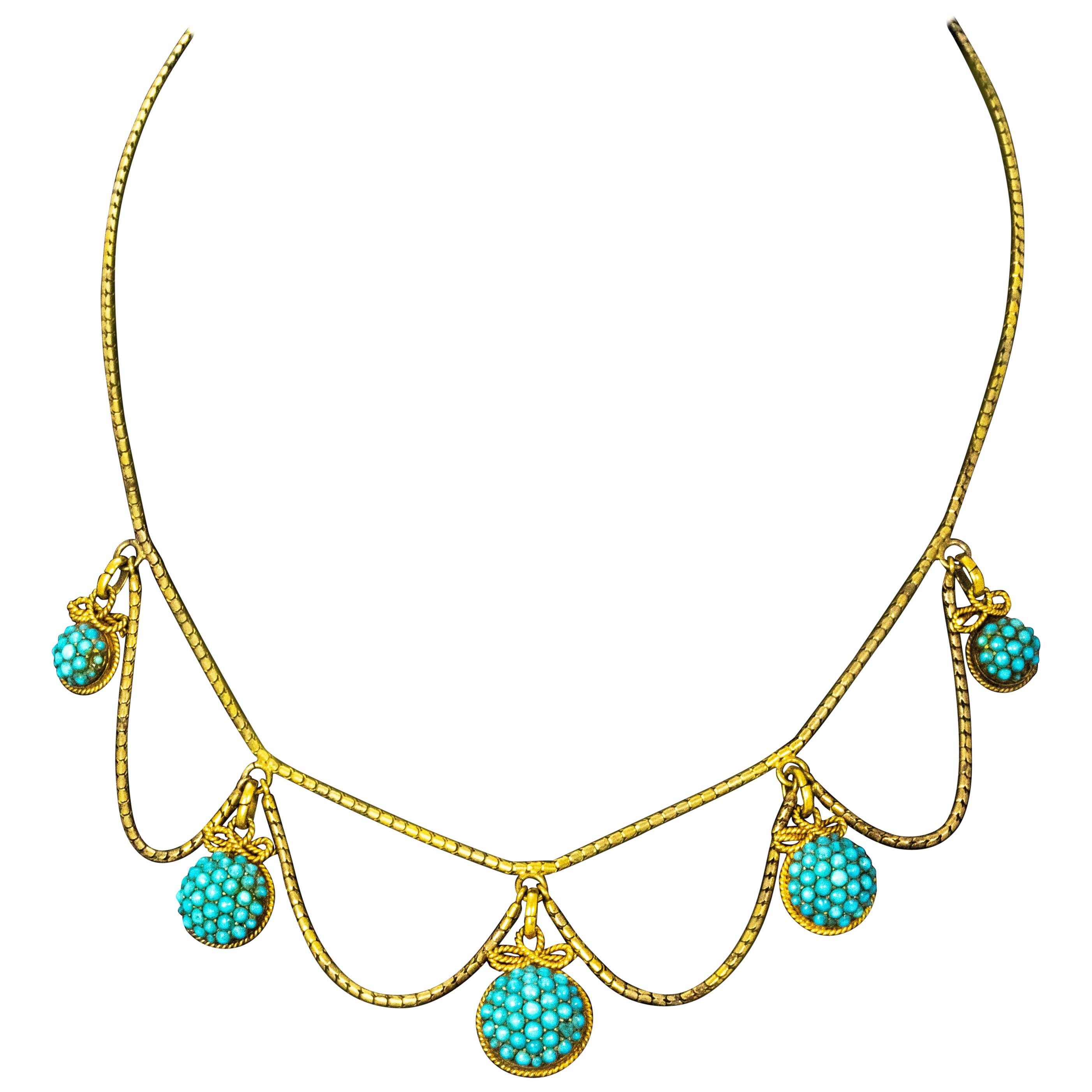 Victorian Turquoise Cluster 18 Carat Gold Necklace