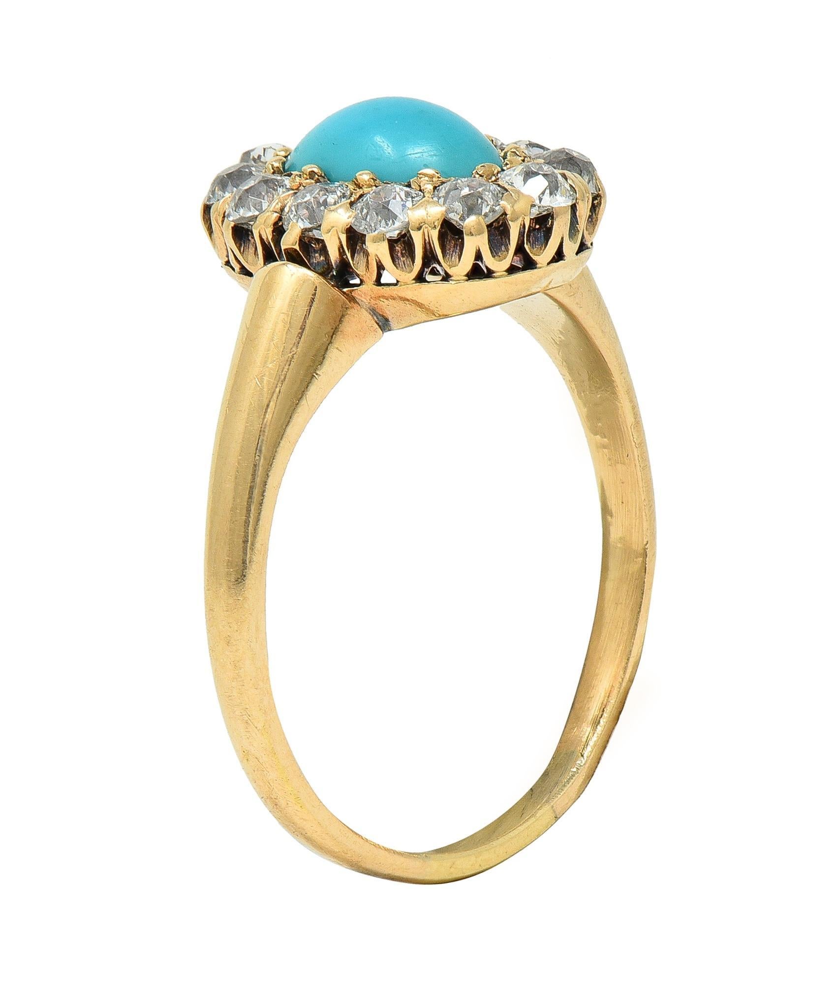 Victorian Turquoise Diamond 14 Karat Yellow Gold Antique Halo Ring For Sale 5