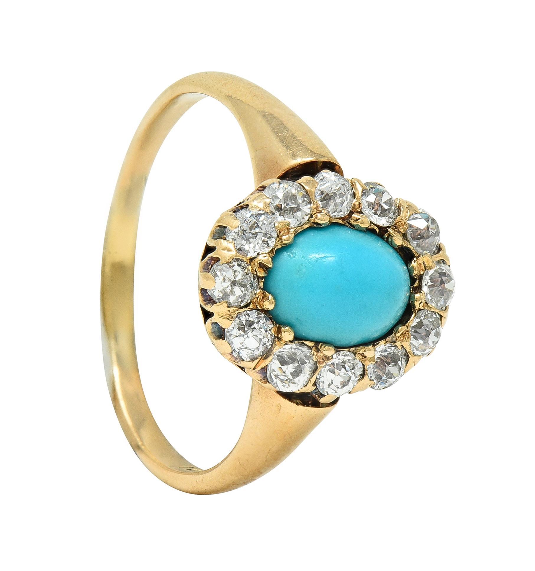 Victorian Turquoise Diamond 14 Karat Yellow Gold Antique Halo Ring For Sale 6