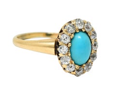 Victorian Turquoise Diamond 14 Karat Yellow Gold Antique Halo Ring