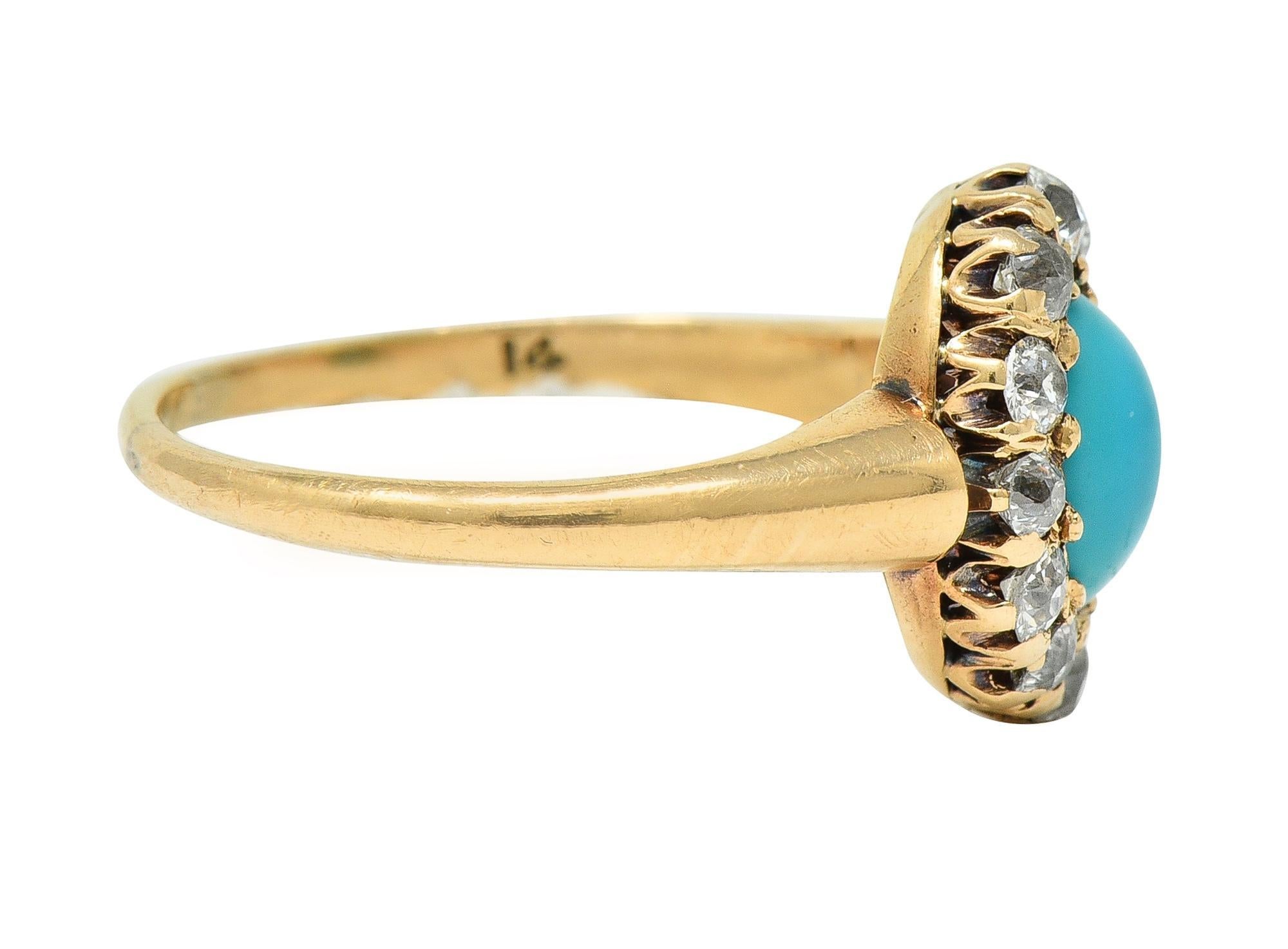 Old European Cut Victorian Turquoise Diamond 14 Karat Yellow Gold Antique Halo Ring For Sale