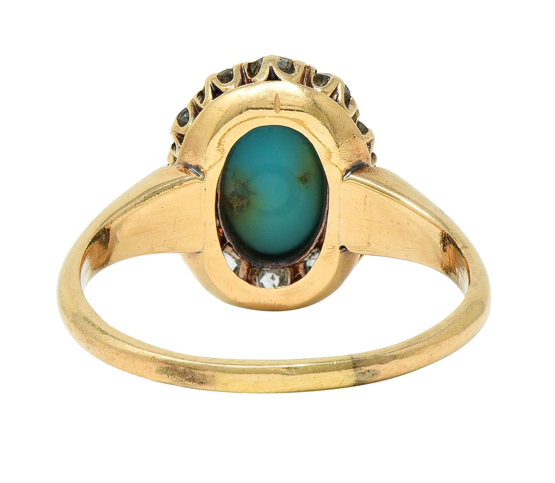 Antiker viktorianischer Türkis-Diamant-Halo-Ring aus 14 Karat Gelbgold (Alteuropäischer Schliff) im Angebot
