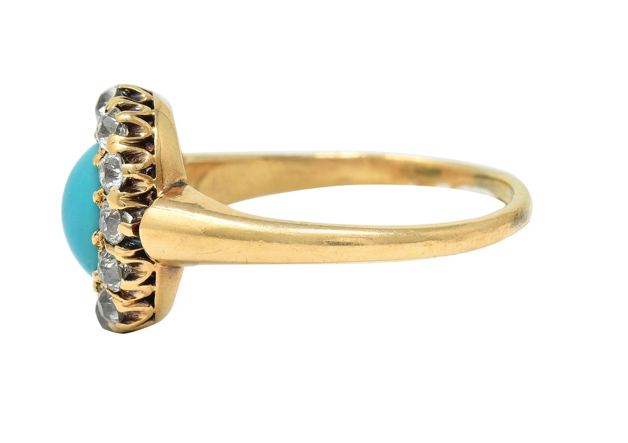 Women's or Men's Victorian Turquoise Diamond 14 Karat Yellow Gold Antique Halo Ring For Sale
