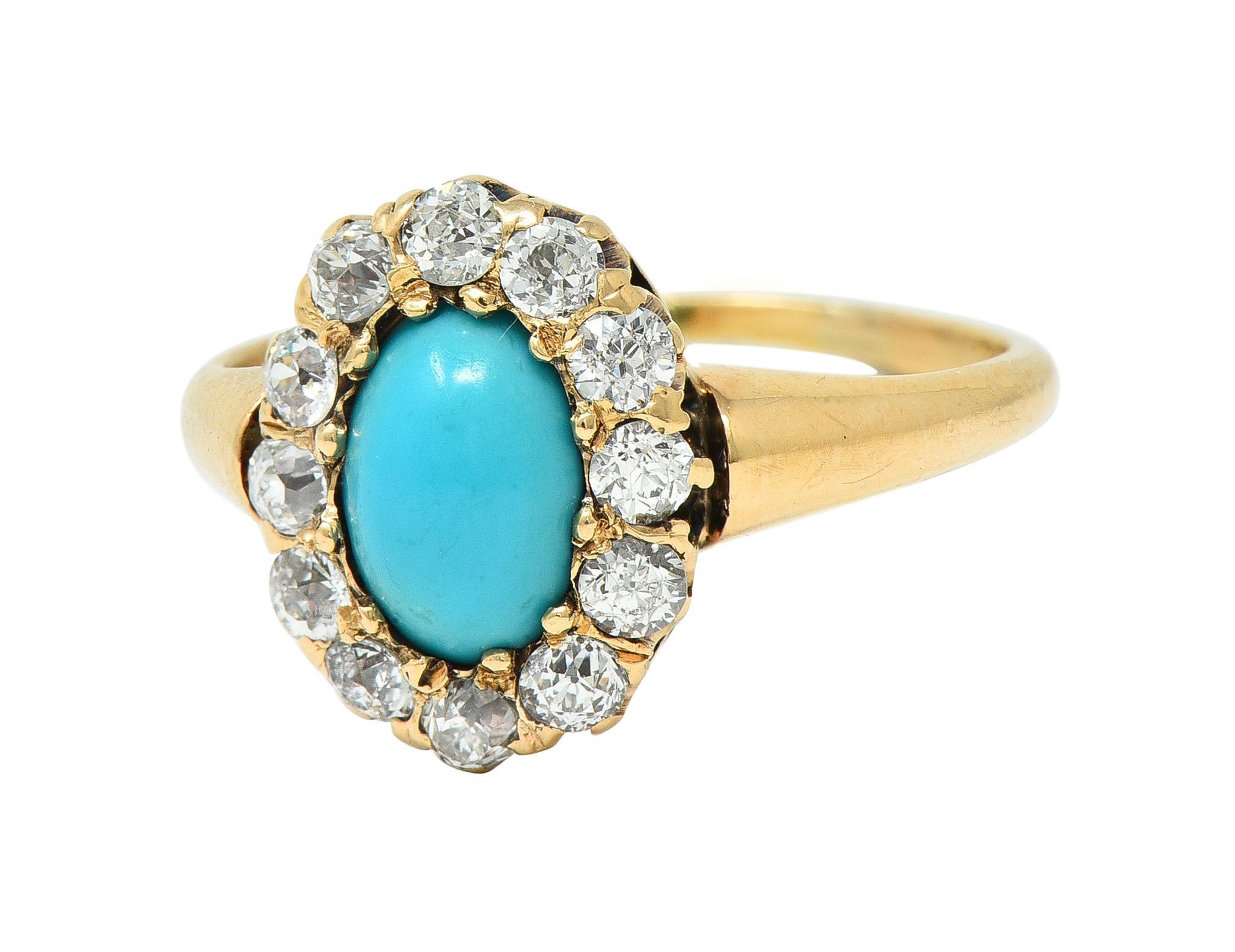 Victorian Turquoise Diamond 14 Karat Yellow Gold Antique Halo Ring For Sale 1