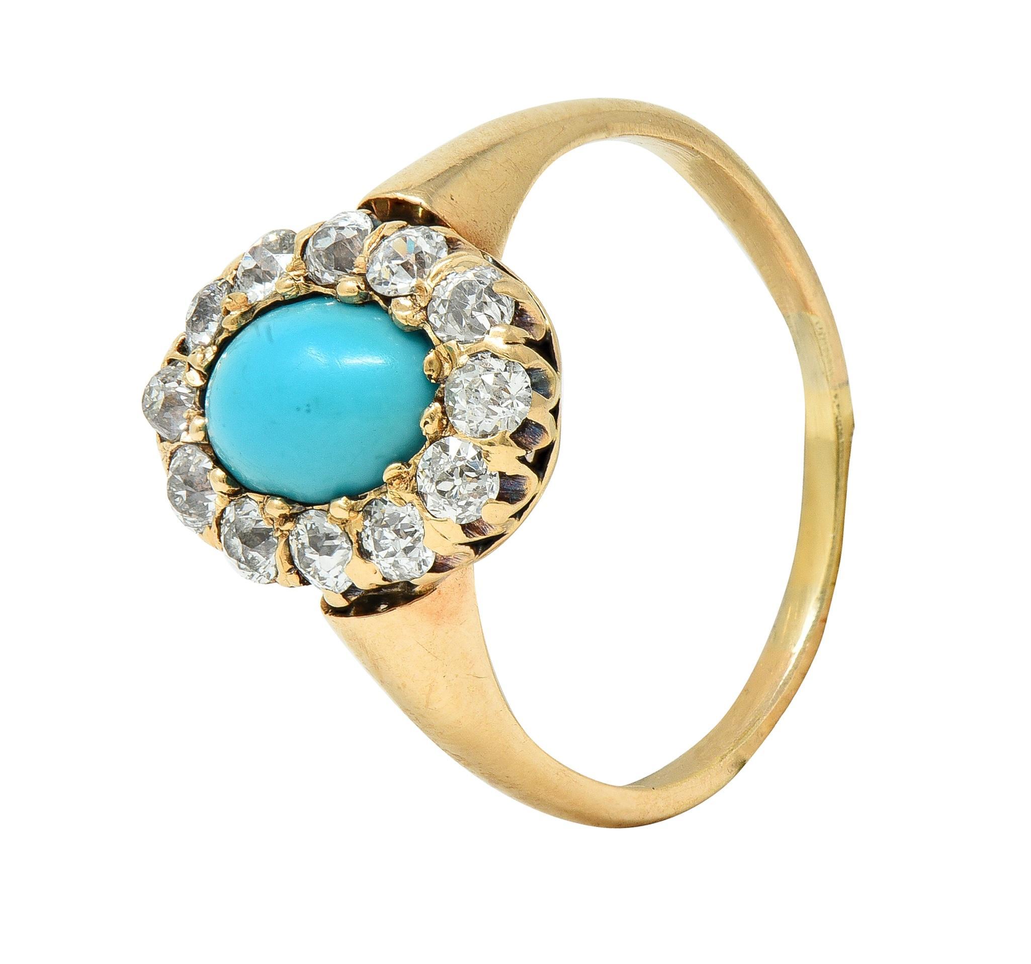 Bague halo victorienne en or jaune 14 carats avec turquoise et diamants en vente 2