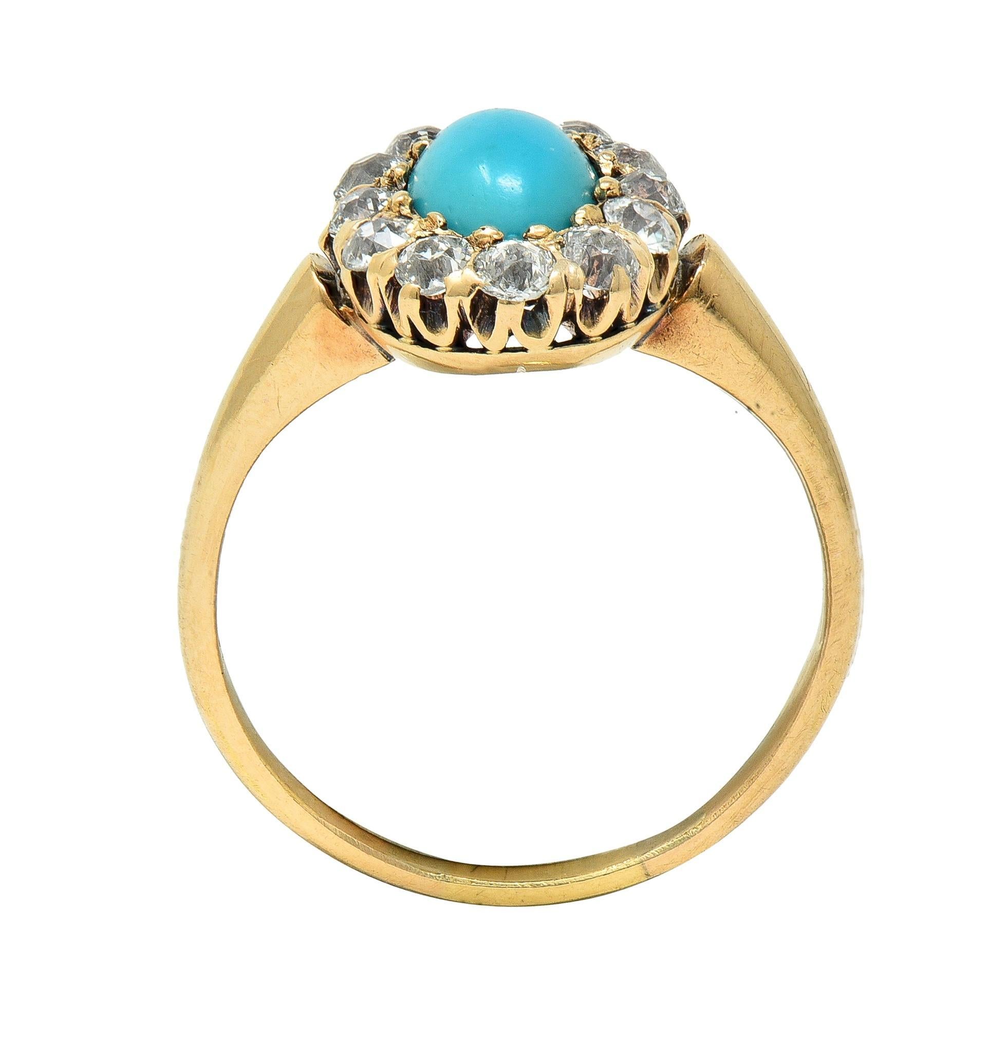 Victorian Turquoise Diamond 14 Karat Yellow Gold Antique Halo Ring For Sale 4
