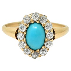 Victorian Turquoise Diamond 14 Karat Yellow Gold Antique Halo Ring