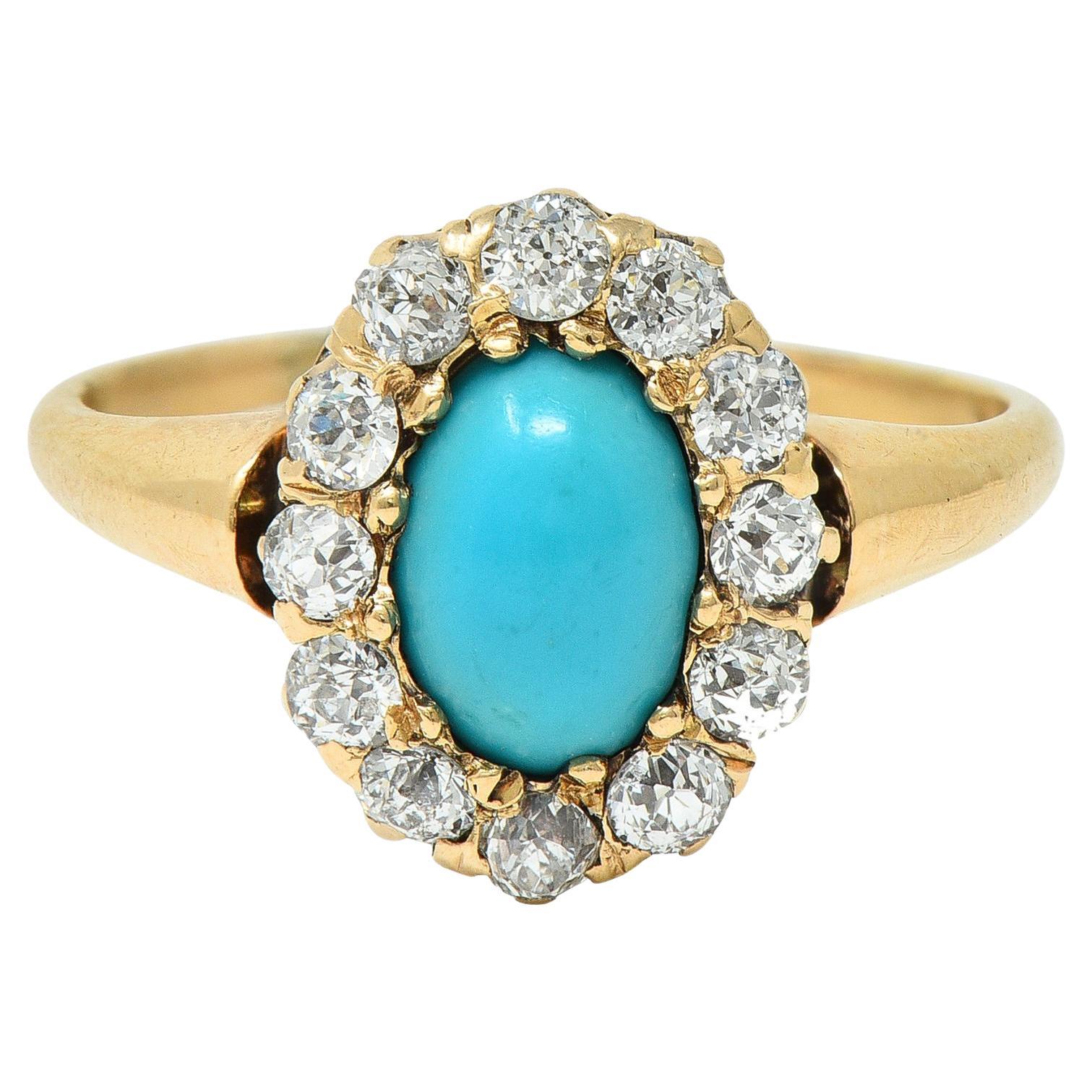 Victorian Turquoise Diamond 14 Karat Yellow Gold Antique Halo Ring For Sale