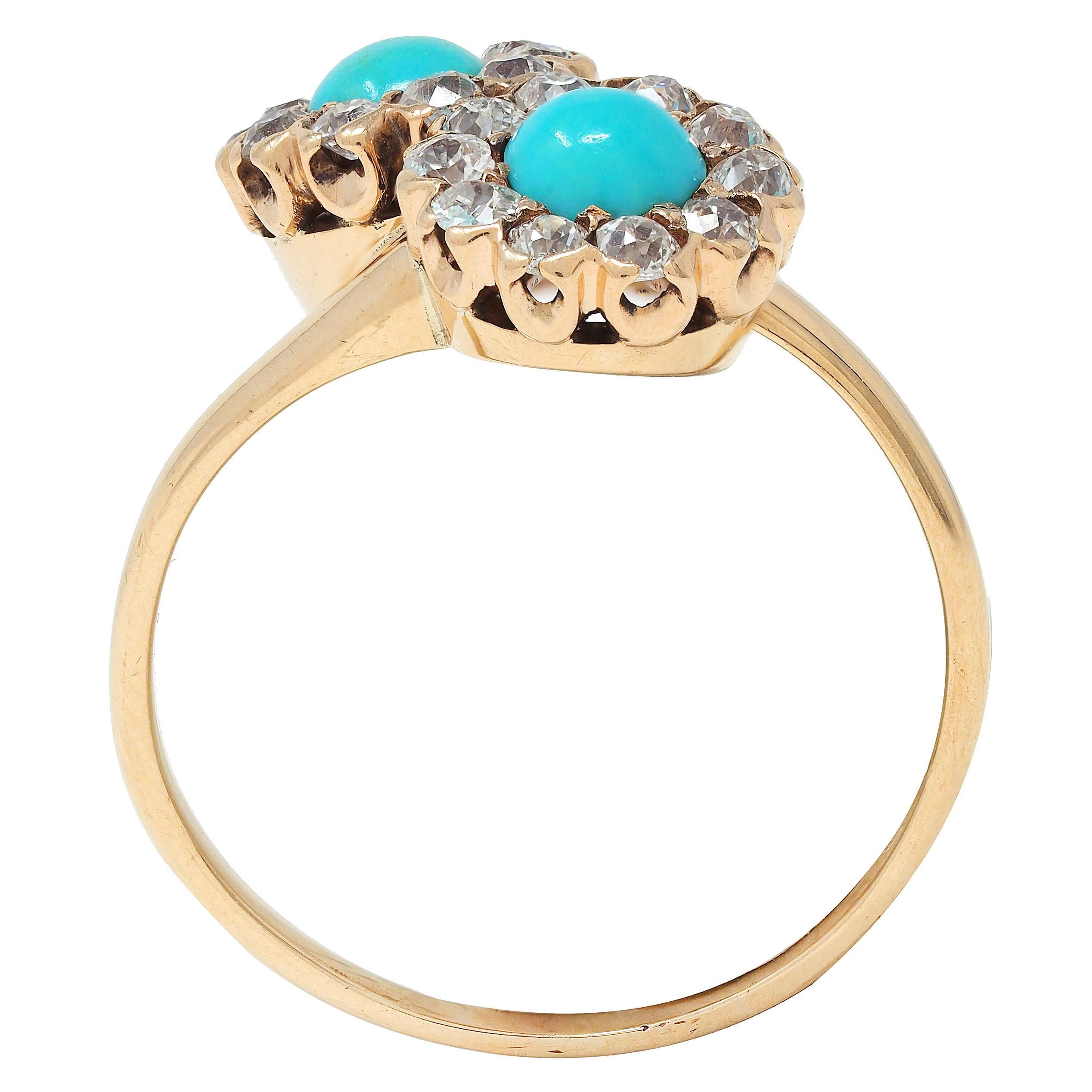 Bague Victorienne Turquoise Diamant Or Jaune 14 Karat Toi-Et-Moi Antique Bypass Excellent état - En vente à Philadelphia, PA