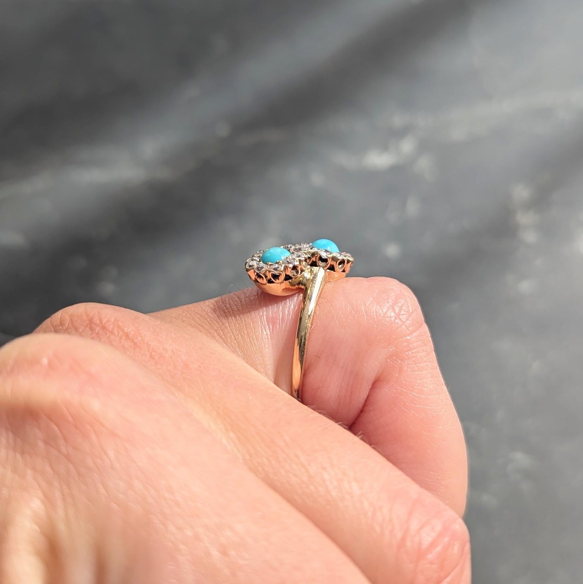 Bague Victorienne Turquoise Diamant Or Jaune 14 Karat Toi-Et-Moi Antique Bypass en vente 1
