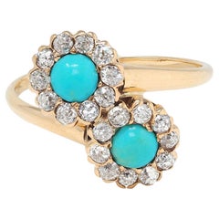 Victorian Turquoise Diamond 14 Karat Yellow Gold Antique Toi-Et-Moi Bypass Ring