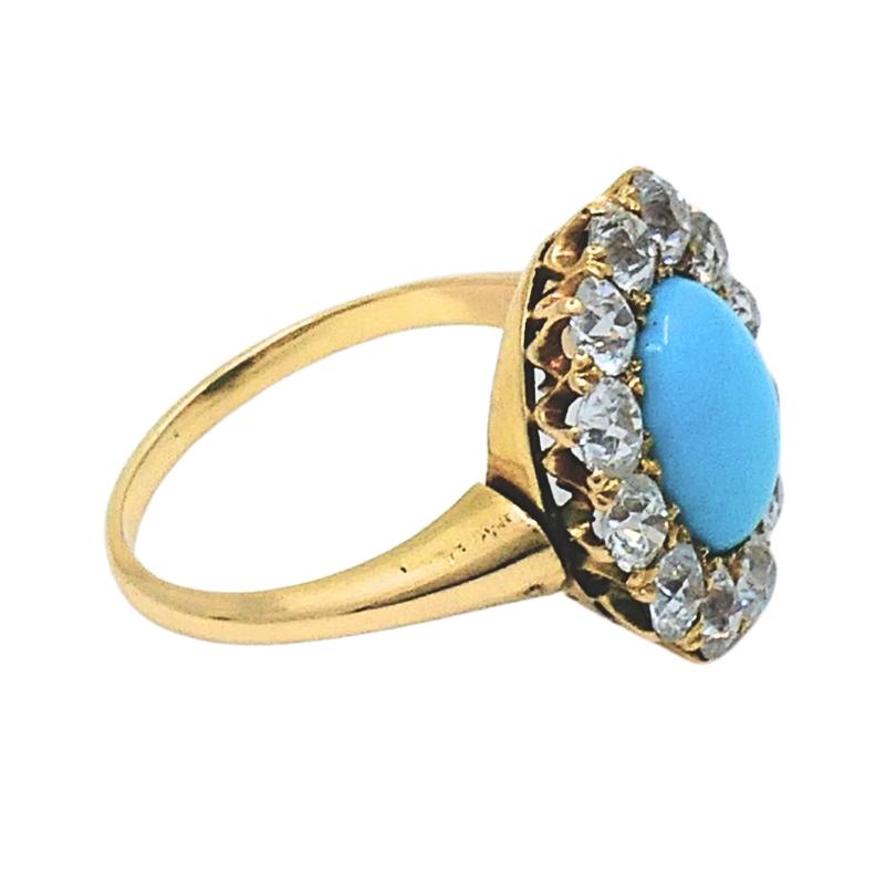 Diamante turquesa victoriano  Anillo Halo Antiguo Oro 14k Cabujón