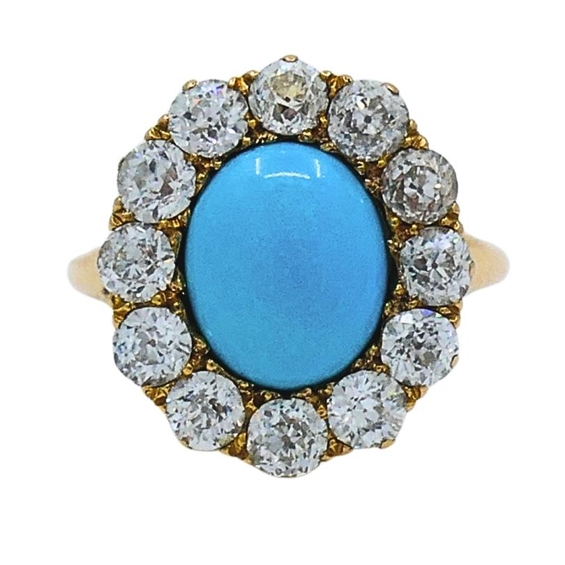 Diamante turquesa victoriano  Anillo Halo Antiguo Oro 14k en Bueno Estado en Beverly Hills, CA
