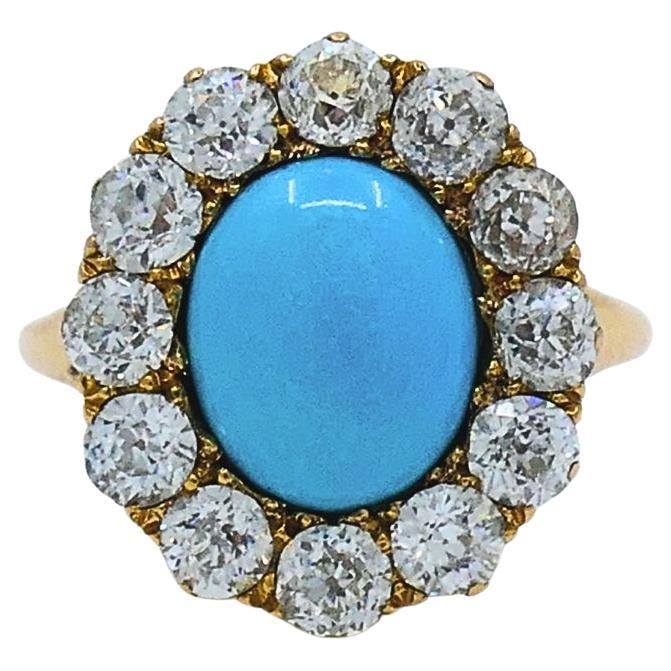 Diamante turquesa victoriano  Anillo Halo Antiguo Oro 14k