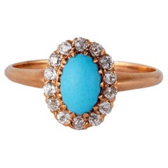 Victorian Turquoise Diamond 14k Rose Gold Cluster Ring