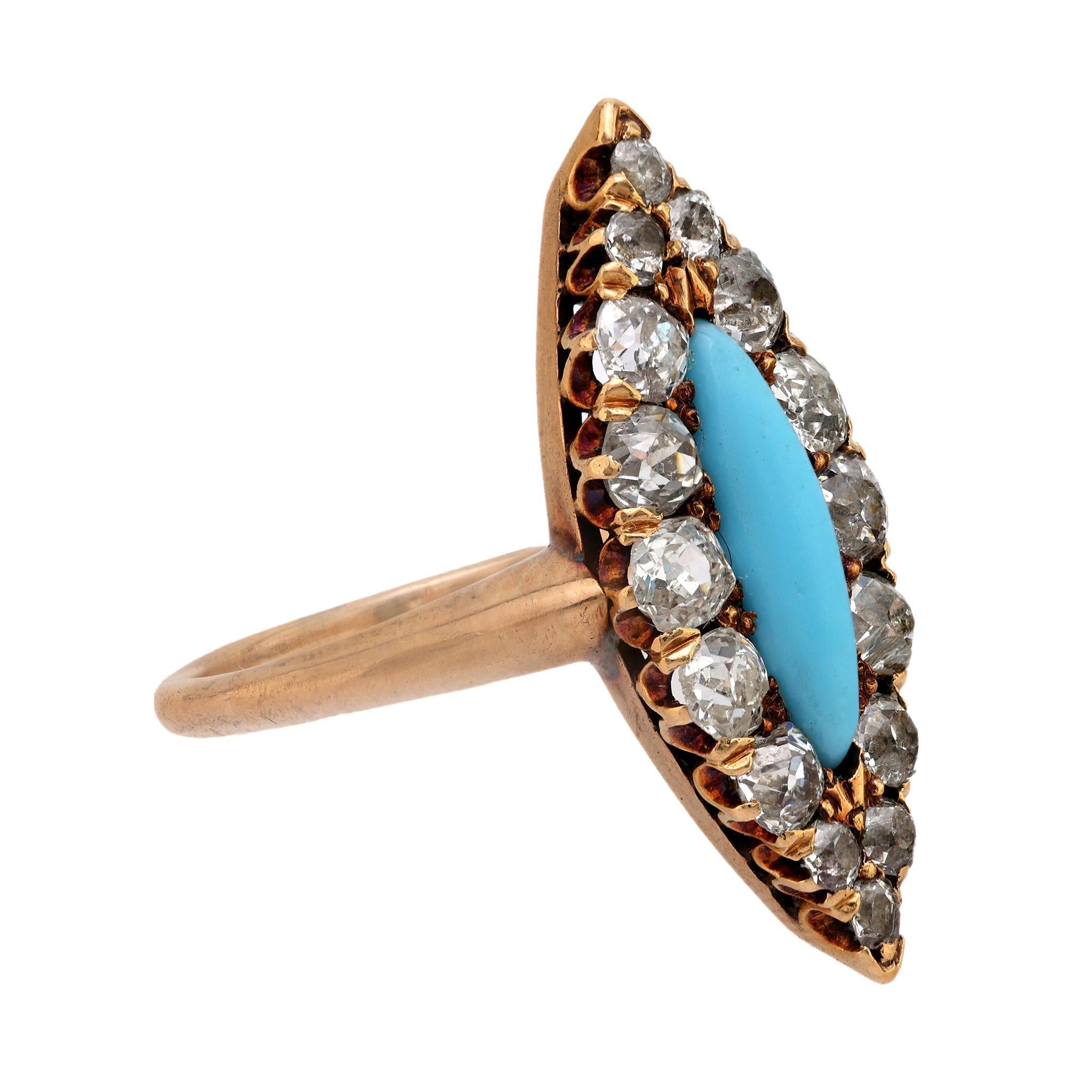 Cabochon Victorian turquoise diamond 14k rose gold Navette ring
