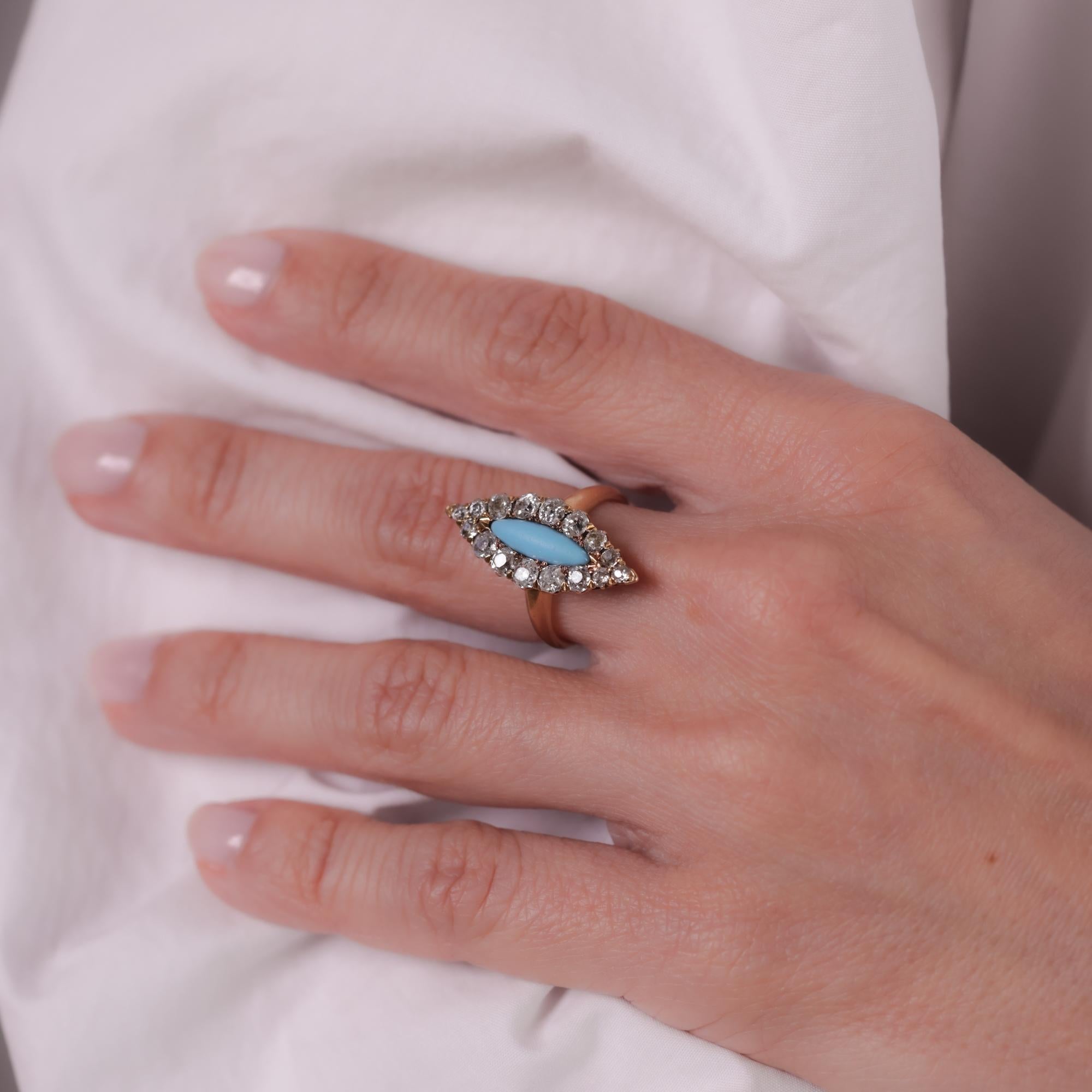Victorian turquoise diamond 14k rose gold Navette ring In Excellent Condition In Beverly Hills, CA