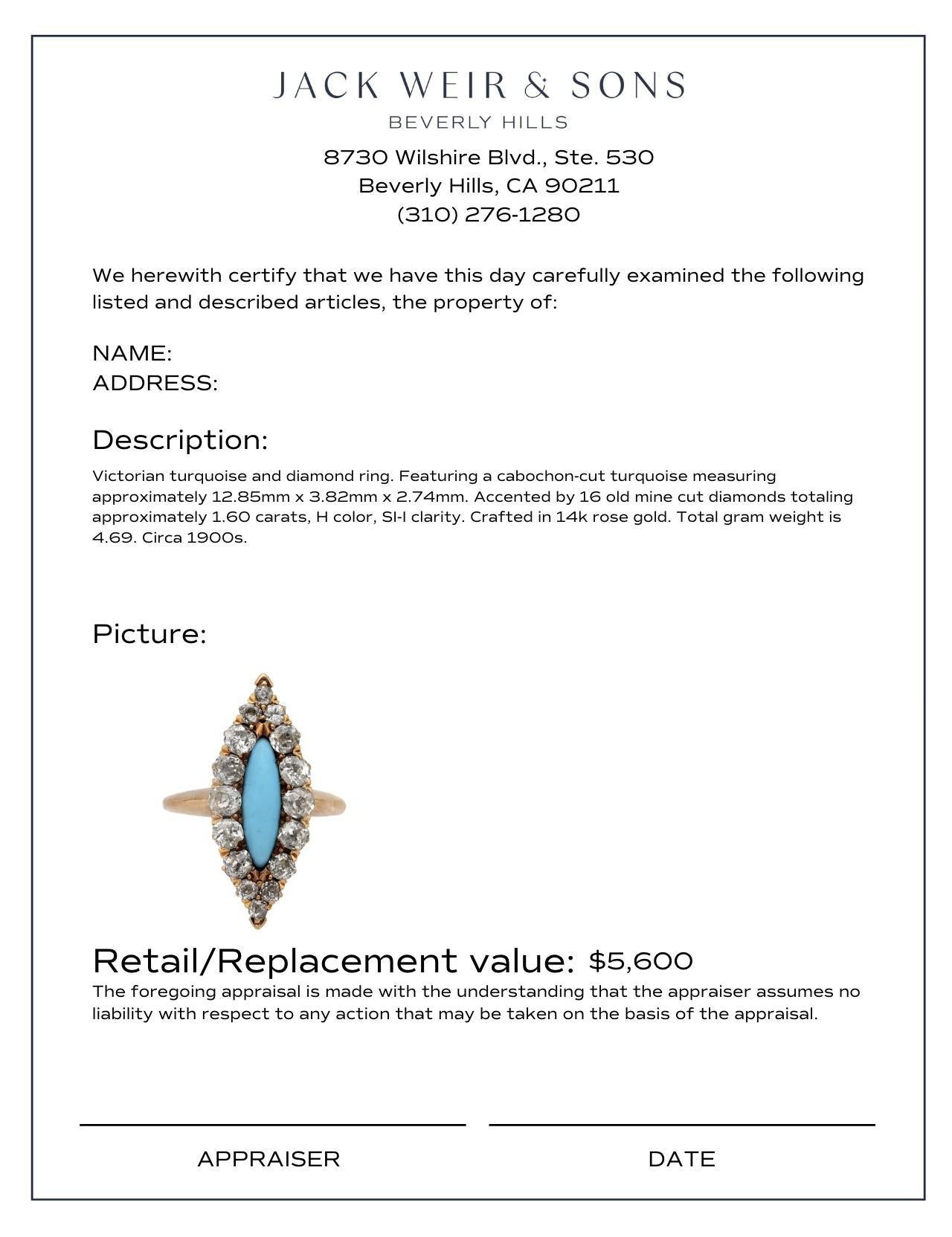 Women's or Men's Victorian turquoise diamond 14k rose gold Navette ring