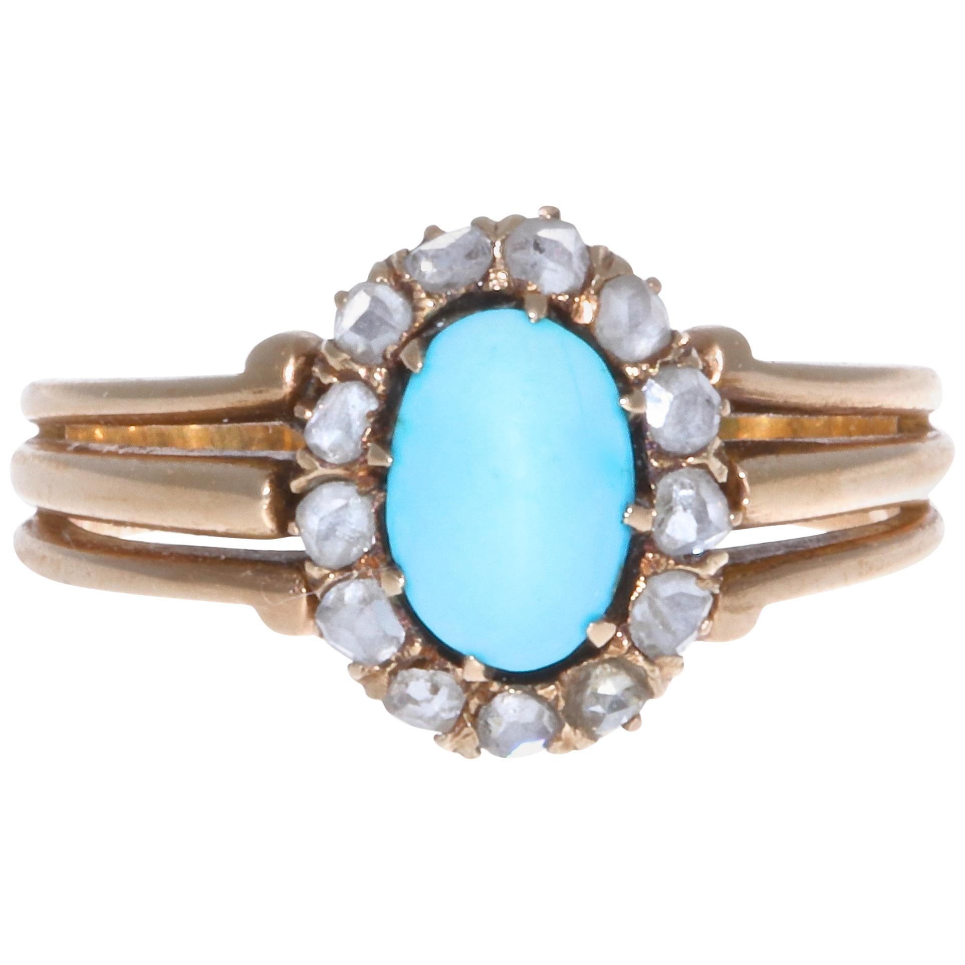 Victorian Turquoise Diamond 18 Karat Gold Cluster Ring