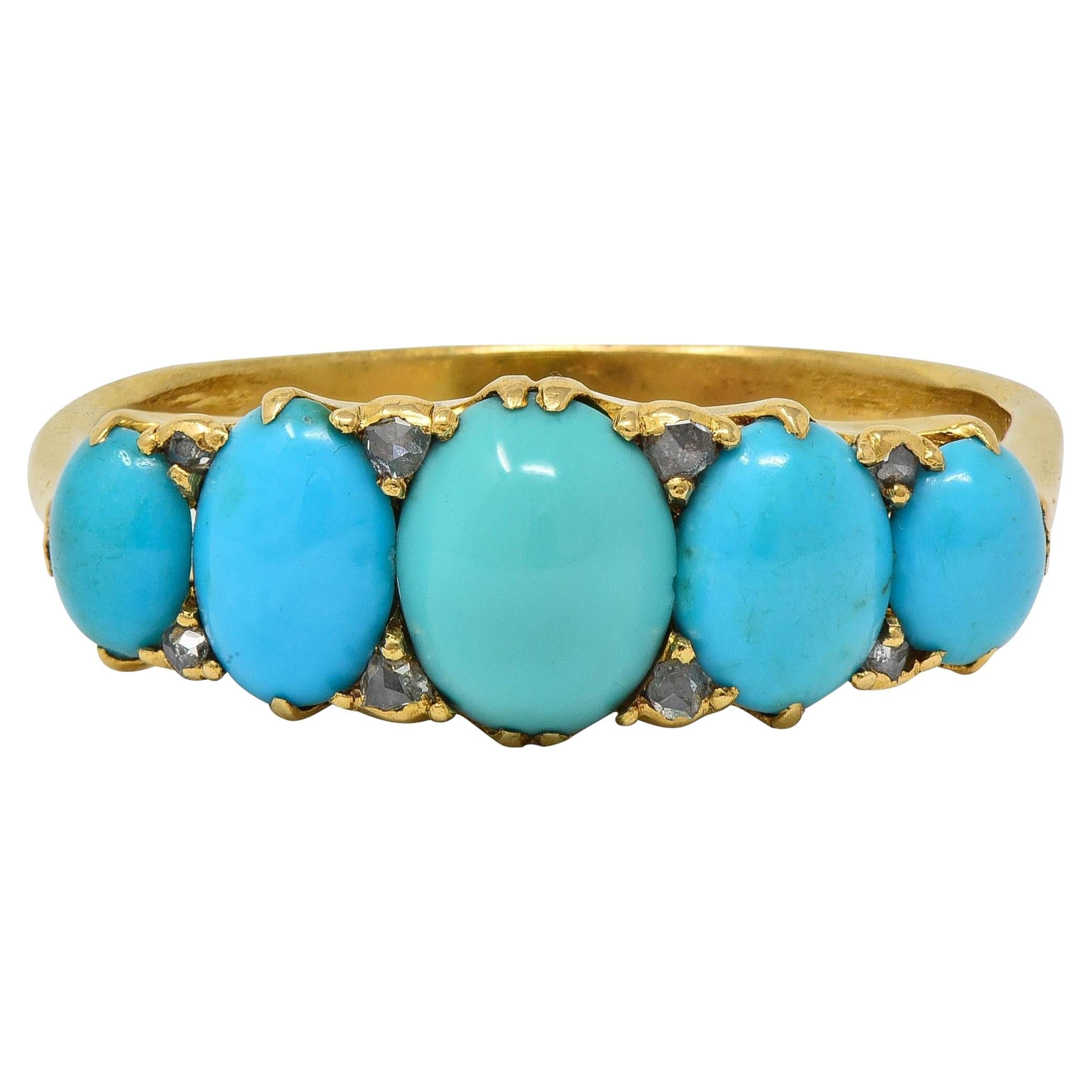 Victorian Turquoise Diamond 18 Karat Yellow Gold Antique Five Stone Band Ring
