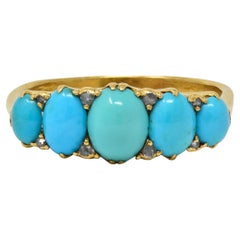 Victorian Turquoise Diamond 18 Karat Yellow Gold Antique Five Stone Band Ring
