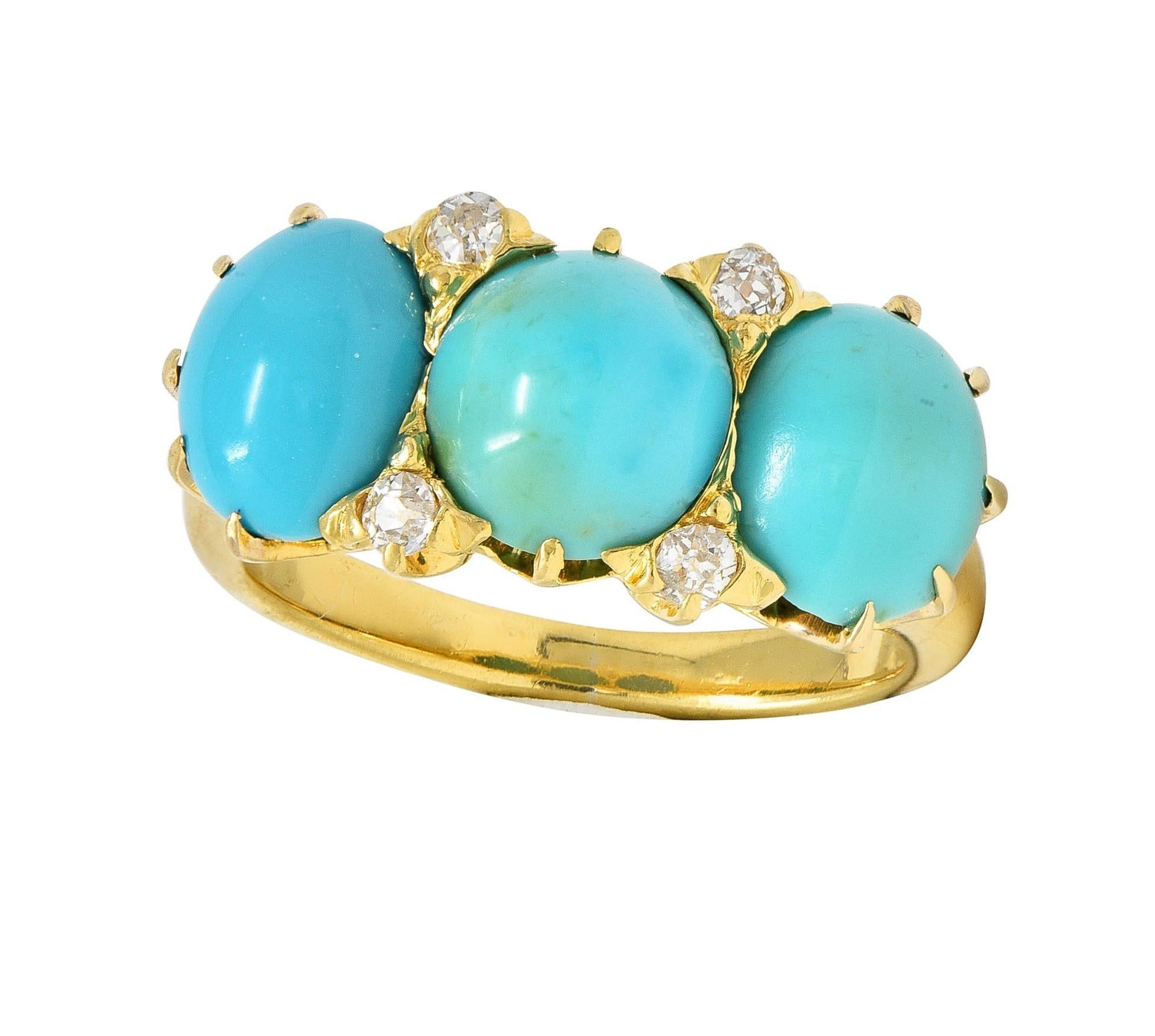 Victorian Turquoise Diamond 18 Karat Yellow Gold Antique Three Stone Band Ring 5