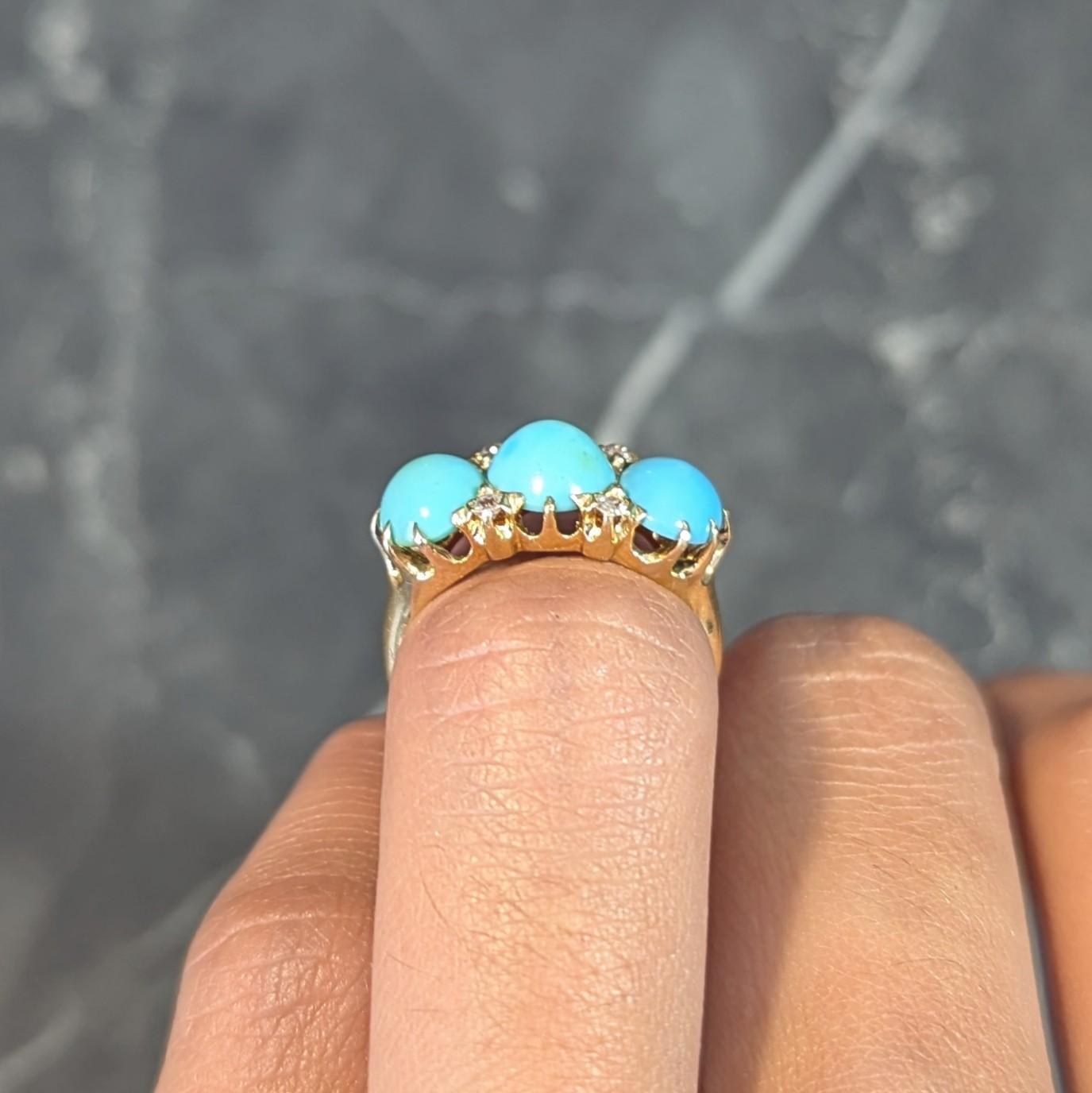 Victorian Turquoise Diamond 18 Karat Yellow Gold Antique Three Stone Band Ring 6