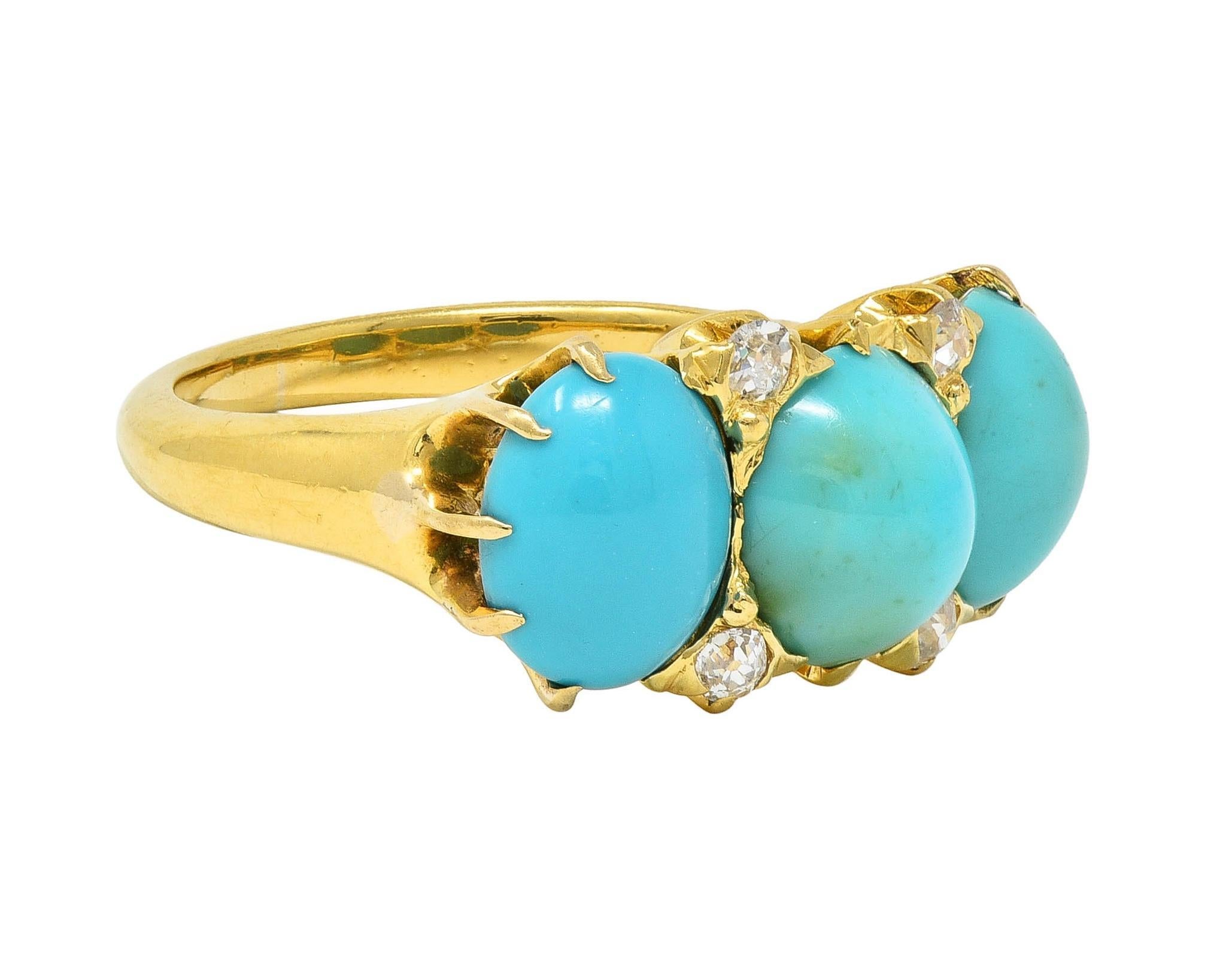 Featuring three oval and round shaped turquoise cabochons 
Measuring 7.0 mm round and 5.0 x 7.0 mm, respectively
Opaque light greenish blue in color - set with belcher prongs
Alternating with old European cut diamonds 
Weighing approximately 0.12
