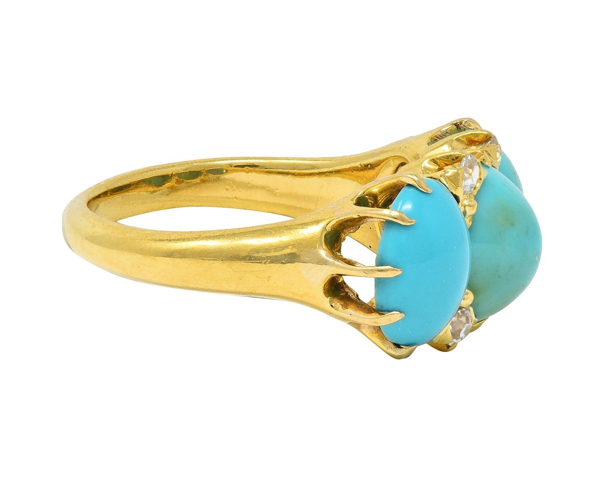 Victorian Turquoise Diamond 18 Karat Yellow Gold Antique Three Stone Band Ring In Excellent Condition In Philadelphia, PA