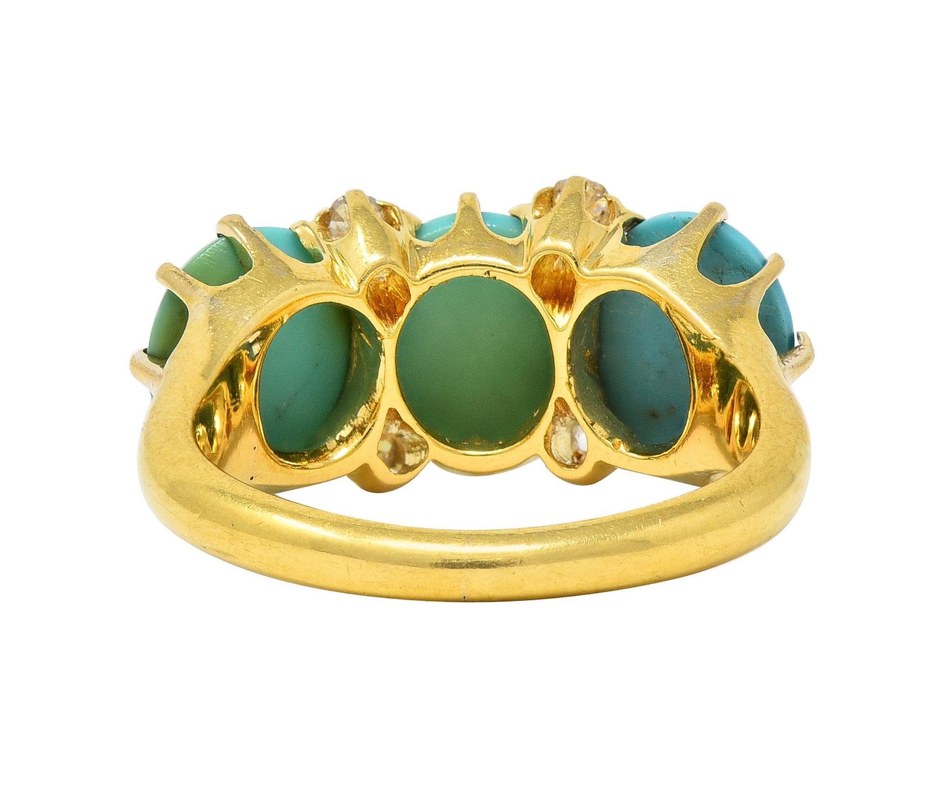 Women's or Men's Victorian Turquoise Diamond 18 Karat Yellow Gold Antique Three Stone Band Ring