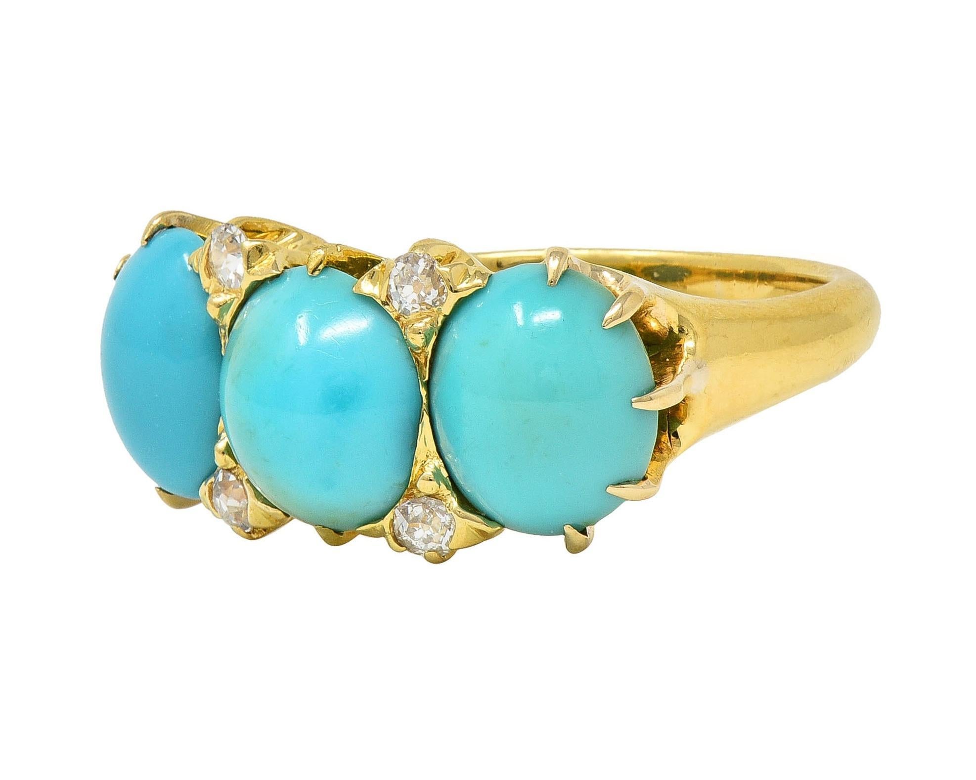 Victorian Turquoise Diamond 18 Karat Yellow Gold Antique Three Stone Band Ring 2