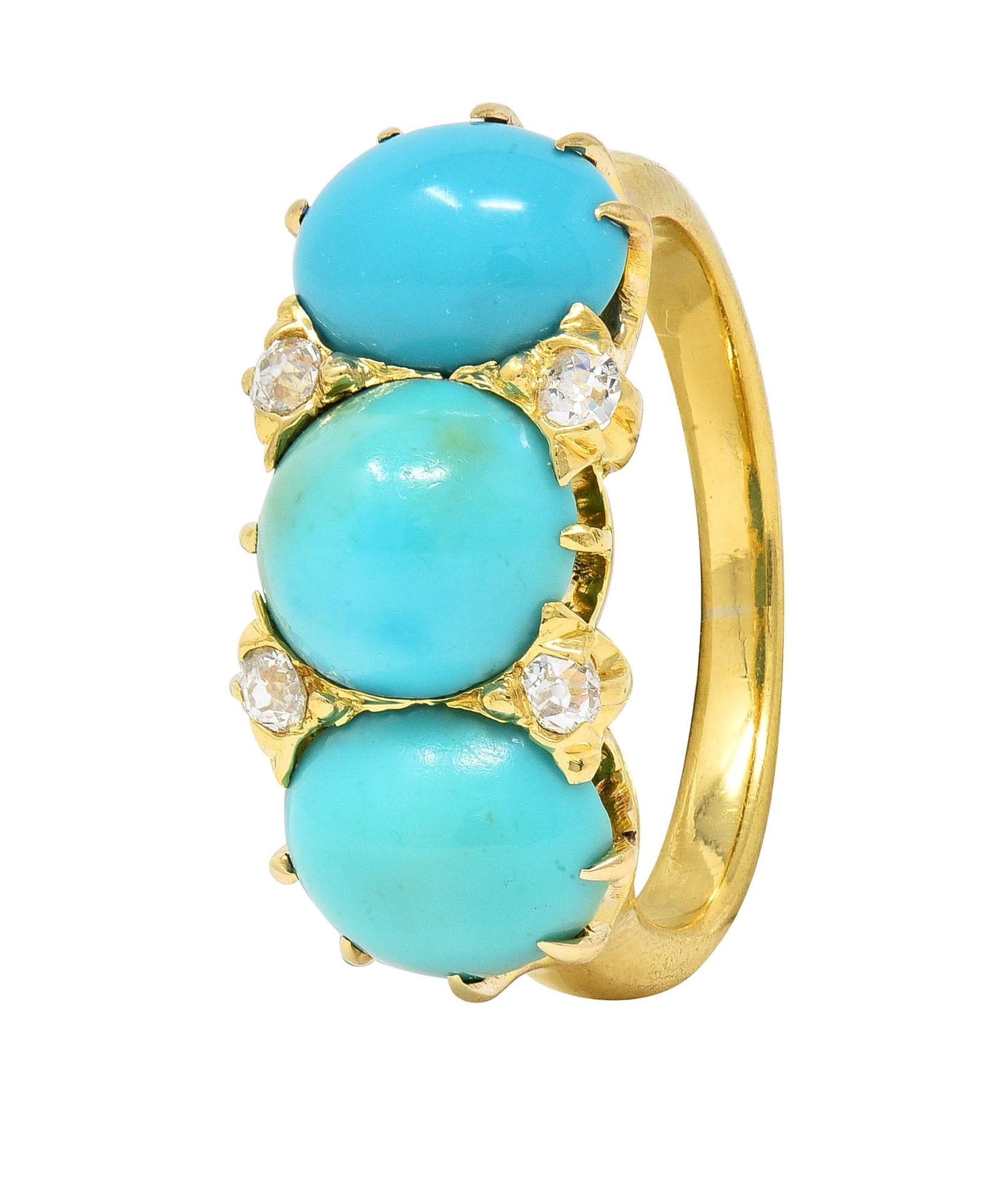 Victorian Turquoise Diamond 18 Karat Yellow Gold Antique Three Stone Band Ring 3