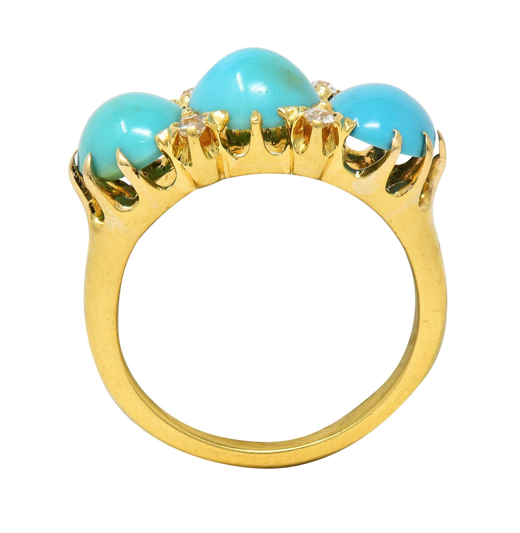Victorian Turquoise Diamond 18 Karat Yellow Gold Antique Three Stone Band Ring 4